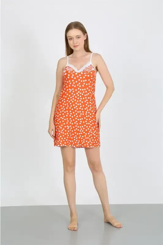 Akbeniz Women's Combed Cotton Spaghetti Strap White Polka Dot Nightdress 36711 Orange - 3
