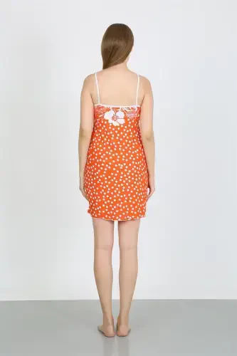 Akbeniz Women's Combed Cotton Spaghetti Strap White Polka Dot Nightdress 36711 Orange - 6