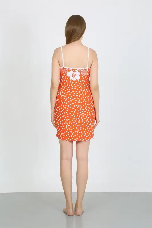 Akbeniz Women's Combed Cotton Spaghetti Strap White Polka Dot Nightdress 36711 Orange - 6