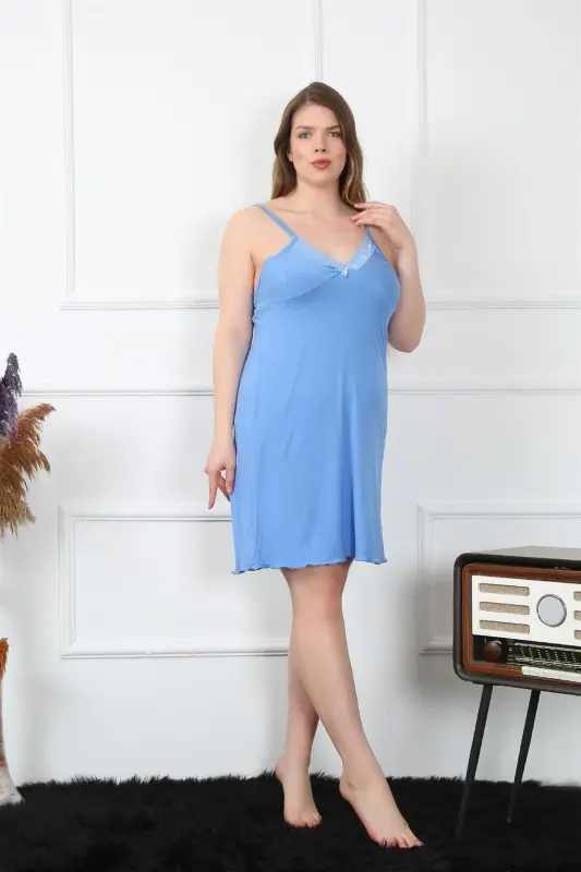 Akbeniz Women's Cotton Blue Spaghetti Strap Plus Size Nightgown 1021 - 5
