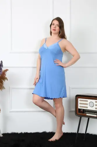 Akbeniz Women's Cotton Blue Spaghetti Strap Plus Size Nightgown 1021 - 6