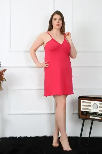 Akbeniz Women's Cotton Fuchsia Spaghetti Strap Plus Size Nightgown 1021 - 6