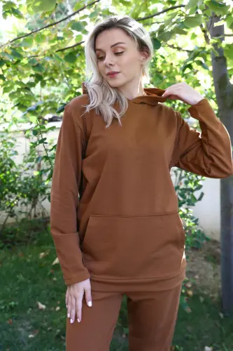 Akbeniz Women's Cotton Hooded Pocketed 3 Thread Coffee Tracksuit 9037 - 3