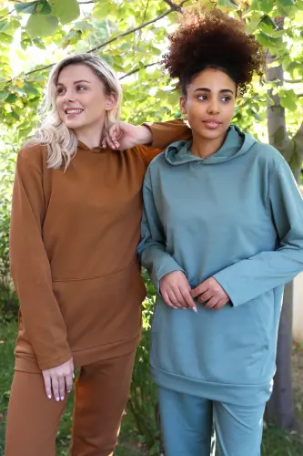 Akbeniz Women's Cotton Hooded Pocketed 3 Thread Coffee Tracksuit 9037 - 5