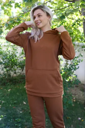 Akbeniz Women's Cotton Hooded Pocketed 3 Thread Coffee Tracksuit 9037 - 6