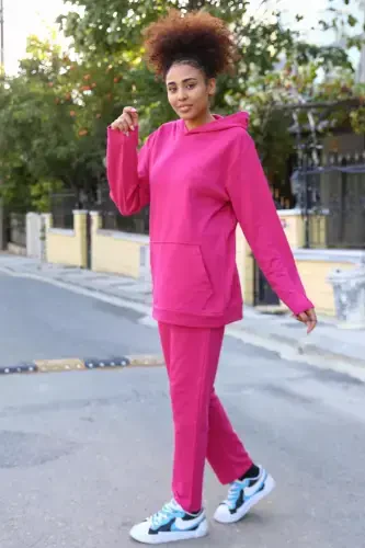 Akbeniz Women's Cotton Hooded Pocketed 3 Thread Fuchsia Tracksuit 9037 