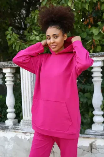 Akbeniz Women's Cotton Hooded Pocketed 3 Thread Fuchsia Tracksuit 9037 - 3