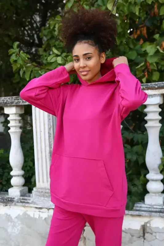 Akbeniz Women's Cotton Hooded Pocketed 3 Thread Fuchsia Tracksuit 9037 - 3