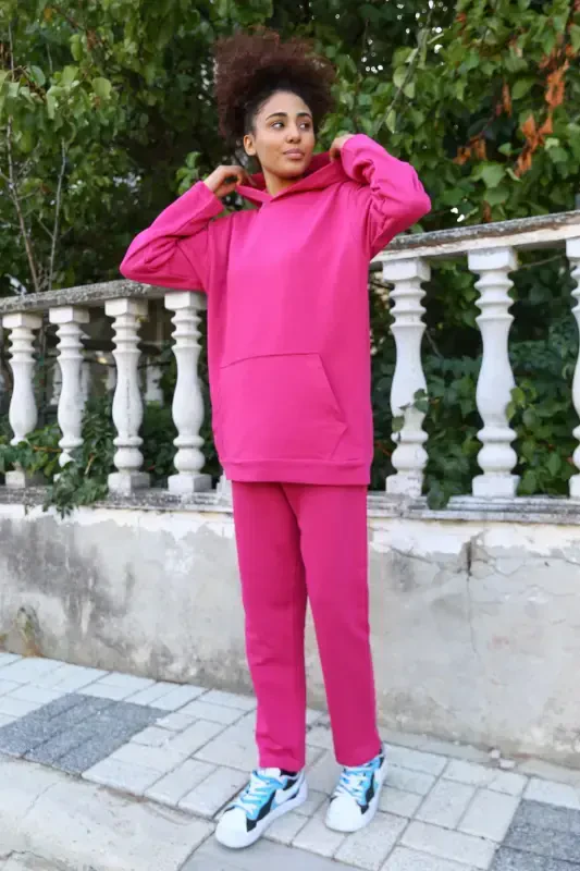 Akbeniz Women's Cotton Hooded Pocketed 3 Thread Fuchsia Tracksuit 9037 - 5