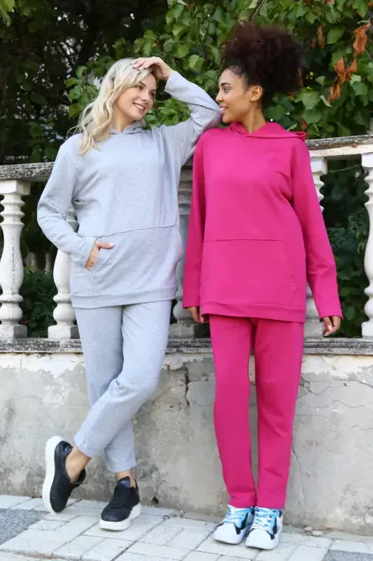 Akbeniz Women's Cotton Hooded Pocketed 3 Thread Fuchsia Tracksuit 9037 - 6