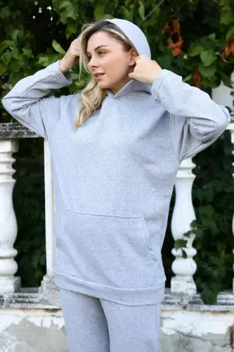 Akbeniz Women's Cotton Hooded Pocketed 3 Thread Gray Tracksuit 9037 - 4