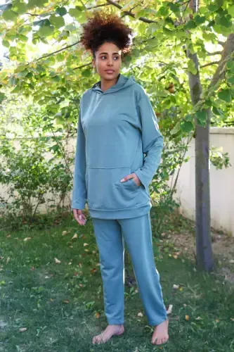 Akbeniz Women's Cotton Hooded Pocketed 3 Thread Petrol Tracksuit 9037 - 6