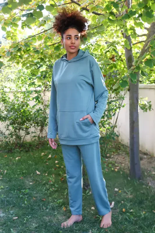 Akbeniz Women's Cotton Hooded Pocketed 3 Thread Petrol Tracksuit 9037 - 6
