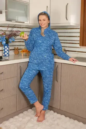 Akbeniz Women's Cotton Hooded Pocketed 3 Thread Sax Tracksuit 9037 