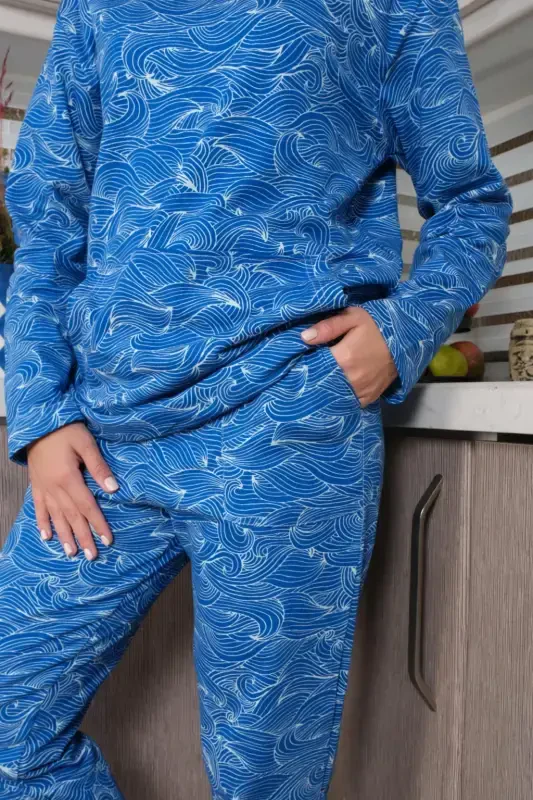 Akbeniz Women's Cotton Hooded Pocketed 3 Thread Sax Tracksuit 9037 - 2