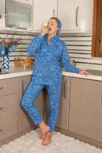 Akbeniz Women's Cotton Hooded Pocketed 3 Thread Sax Tracksuit 9037 - 5