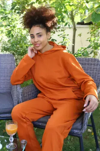 Akbeniz Women's Cotton Hooded Pocketed 3 Thread Tile Tracksuit 9037 - 1