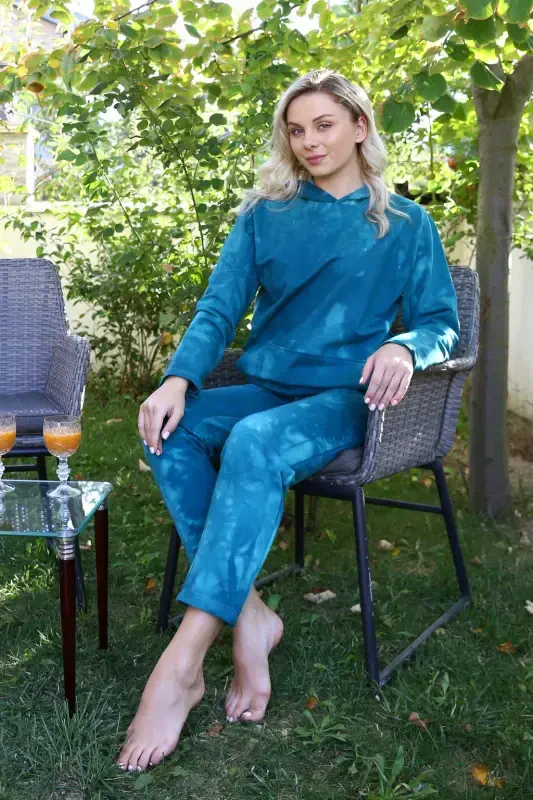 Akbeniz Women's Cotton Hooded Pocketed 3 Thread Turquoise Tracksuit 9037 - AKBENIZ