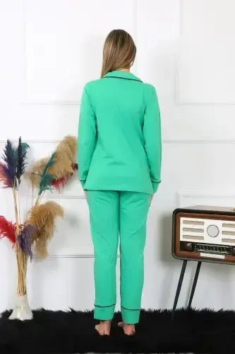 Akbeniz Women's Cotton Jersey Button-Down Long Sleeve Green Pajama Set 2782 - 4