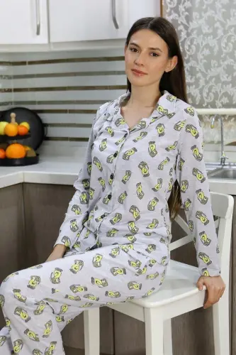 Akbeniz Women's Cotton Jersey Button-Down Long Sleeve Pajama Set Gray 2784 - AKBENIZ (1)