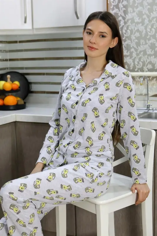 Akbeniz Women's Cotton Jersey Button-Down Long Sleeve Pajama Set Gray 2784 - 2
