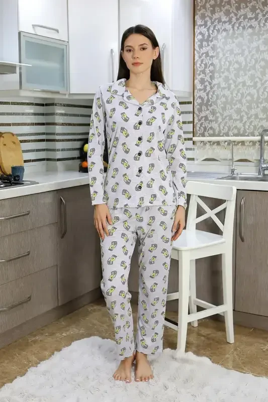 Akbeniz Women's Cotton Jersey Button-Down Long Sleeve Pajama Set Gray 2784 - AKBENIZ