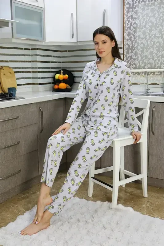 Akbeniz Women's Cotton Jersey Button-Down Long Sleeve Pajama Set Gray 2784 - 3