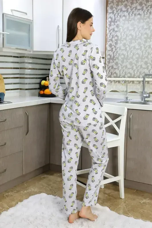 Akbeniz Women's Cotton Jersey Button-Down Long Sleeve Pajama Set Gray 2784 - 4