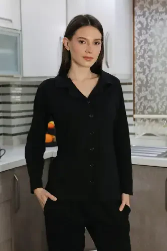 Akbeniz Women's Cotton Jersey Button-Front Long Sleeve Pajama Set Black 2783 - AKBENIZ (1)