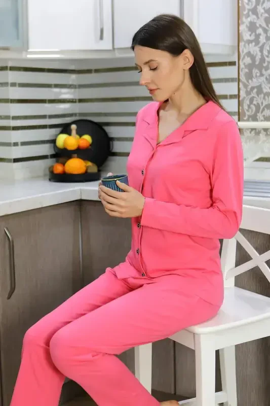 Akbeniz Women's Cotton Jersey Button-Front Long Sleeve Pajama Set Pink 2783 - AKBENIZ