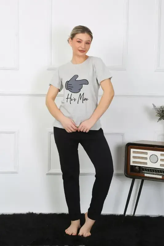 Akbeniz Women's Cotton Jersey Couple Pajamas Set Gray 50126 Single Set Price - 2