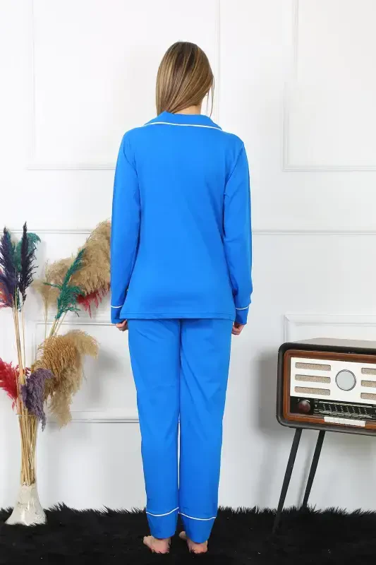 Akbeniz Women's Cotton Jersey Front Buttoned Long Sleeve Sax Pajama Set 2782 - 4