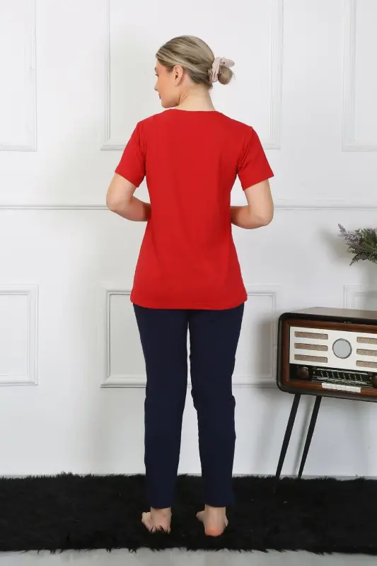 Akbeniz Women's Cotton Jersey Lovers Pajama Set Red 50128 Single Set Price - 4