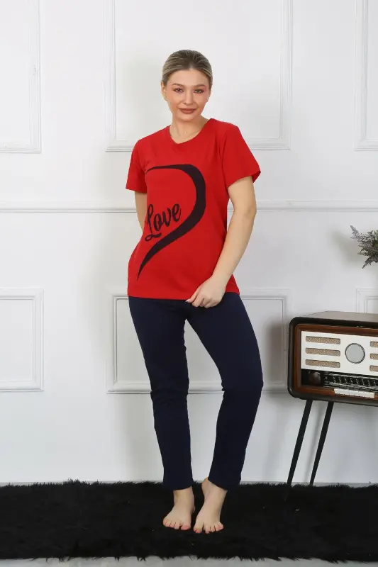 Akbeniz Women's Cotton Jersey Lovers Pajama Set Red 50128 Single Set Price - 5