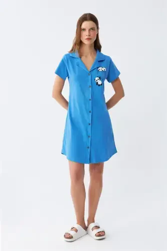 Akbeniz Women's Cotton Jersey Short Sleeve Buttoned Blue Tunic Nightgown 13109 - AKBENIZ (1)