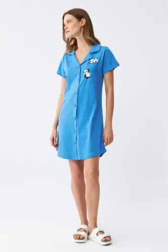 Akbeniz Women's Cotton Jersey Short Sleeve Buttoned Blue Tunic Nightgown 13109 - AKBENIZ (1)