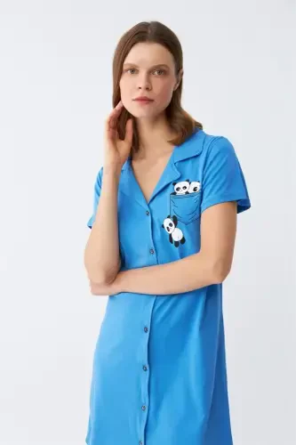 Akbeniz Women's Cotton Jersey Short Sleeve Buttoned Blue Tunic Nightgown 13109 - 3