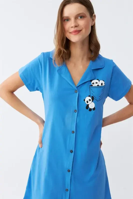 Akbeniz Women's Cotton Jersey Short Sleeve Buttoned Blue Tunic Nightgown 13109 - 4