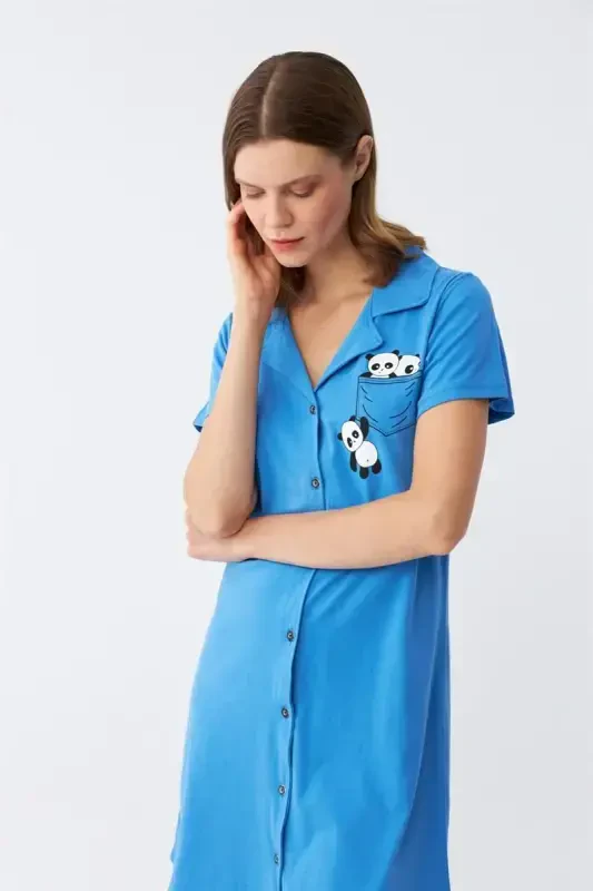 Akbeniz Women's Cotton Jersey Short Sleeve Buttoned Blue Tunic Nightgown 13109 - 5