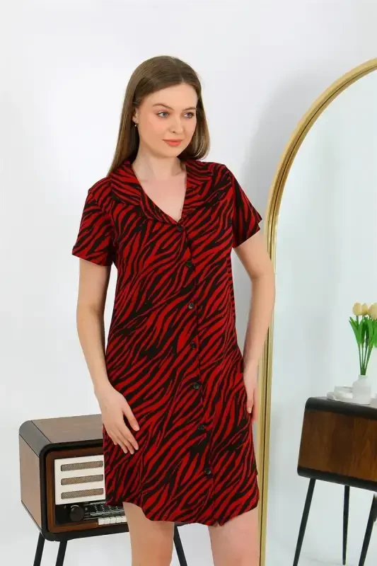 Akbeniz Women's Cotton Jersey Short Sleeve Buttoned Burgundy Tunic Nightdress 13112 - 1