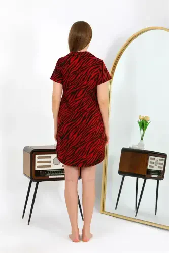 Akbeniz Women's Cotton Jersey Short Sleeve Buttoned Burgundy Tunic Nightdress 13112 - 4