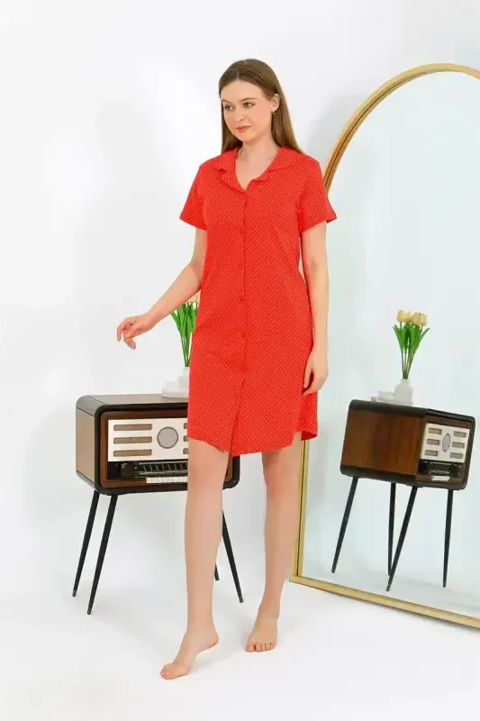 Akbeniz Women's Cotton Jersey Short Sleeve Buttoned Red Tunic Nightgown 13112 - 3