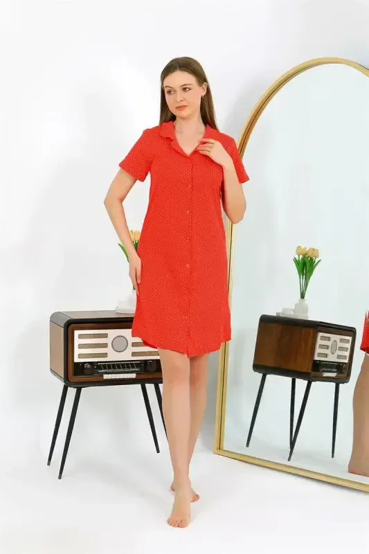 Akbeniz Women's Cotton Jersey Short Sleeve Buttoned Red Tunic Nightgown 13112 - 4