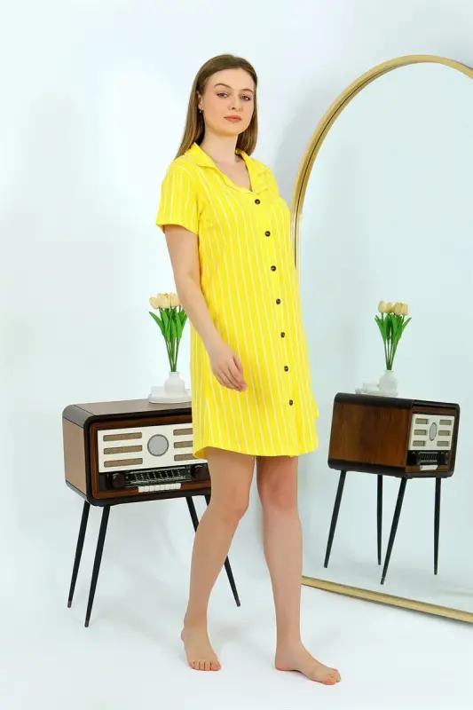 Akbeniz Women's Cotton Jersey Short Sleeve Buttoned Yellow Tunic Nightgown 13111 - 1