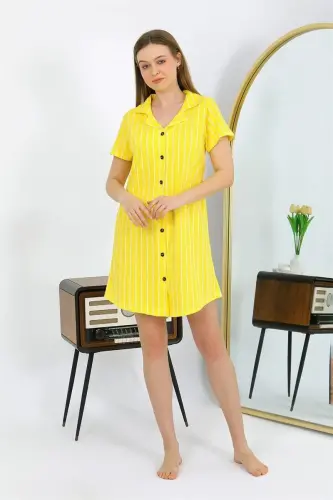 Akbeniz Women's Cotton Jersey Short Sleeve Buttoned Yellow Tunic Nightgown 13111 - 5