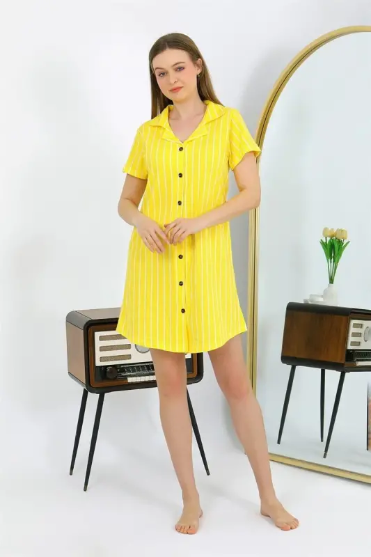 Akbeniz Women's Cotton Jersey Short Sleeve Buttoned Yellow Tunic Nightgown 13111 - 5
