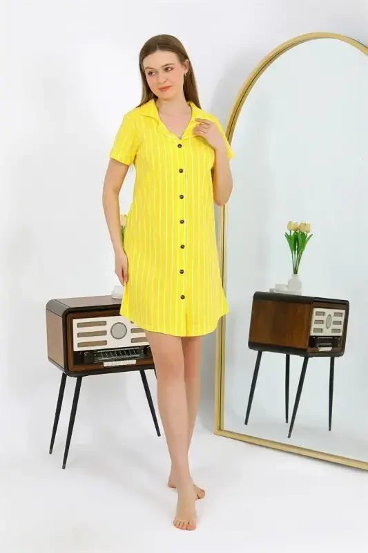 Akbeniz Women's Cotton Jersey Short Sleeve Buttoned Yellow Tunic Nightgown 13111 - 2