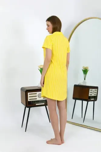 Akbeniz Women's Cotton Jersey Short Sleeve Buttoned Yellow Tunic Nightgown 13111 - 3