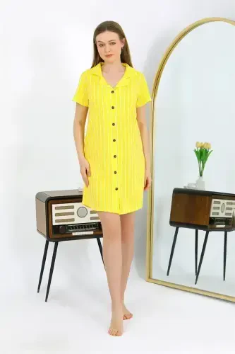 Akbeniz Women's Cotton Jersey Short Sleeve Buttoned Yellow Tunic Nightgown 13111 - 4