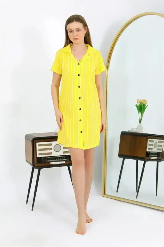 Akbeniz Women's Cotton Jersey Short Sleeve Buttoned Yellow Tunic Nightgown 13111 - 4